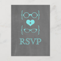 Aqua Geeky Glasses Chalkboard RSVP Postcard