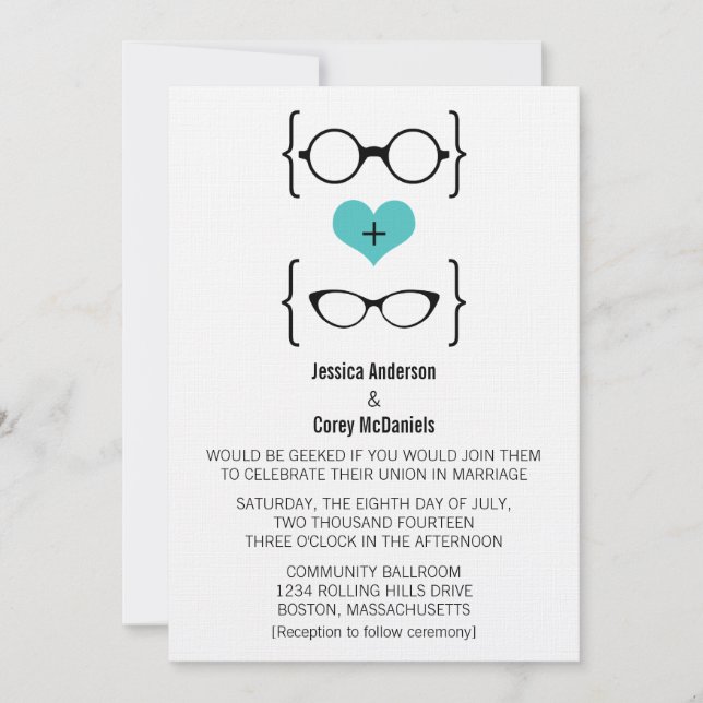 Aqua Geeky Glasses Wedding Invitation (Front)