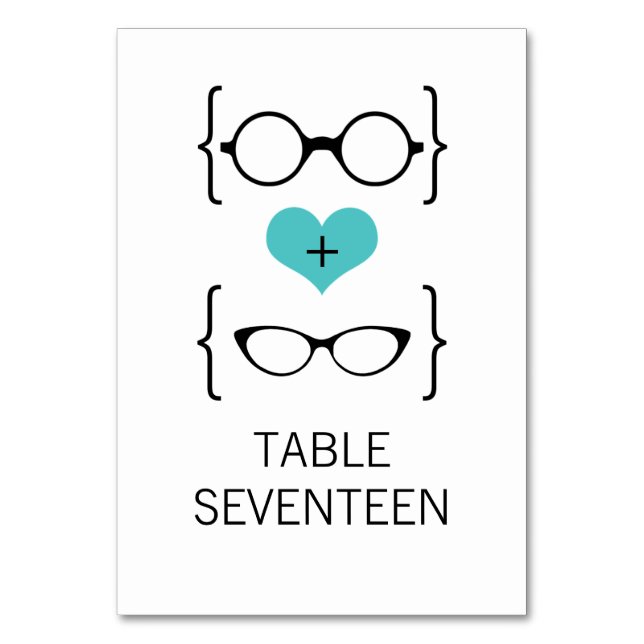 Aqua Geeky Glasses Wedding Table Card (Front)