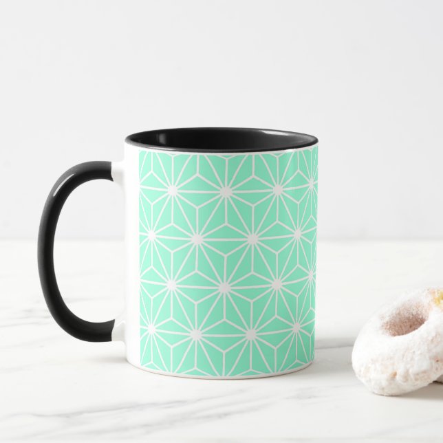 Aqua Geometric Art Deco Style Triangles Pattern Mug (With Donut)