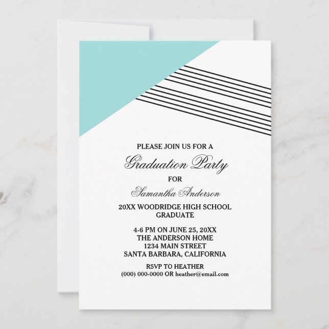Aqua Geometric Stripe Graduation Party Invite (Front)