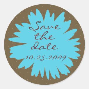 Aqua Gerbera on Brown Save the Date Sticker