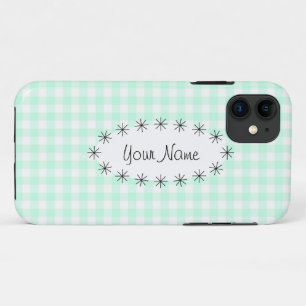 Aqua Gingham Check oval star 'Name' iPhone case