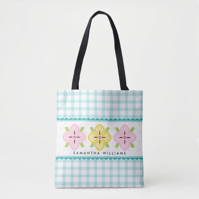 Aqua Gingham Floral Monogrammed Tote Bag (Front)