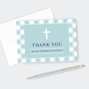 Aqua Gingham Plaid Boy First Communion Thank You Card