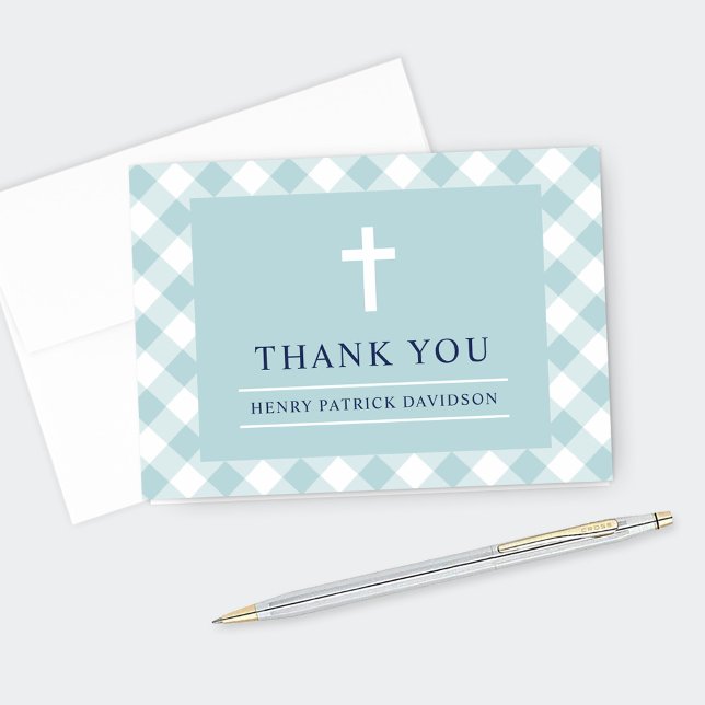 Aqua Gingham Plaid Boy First Communion Thank You Card (Creator Uploaded)