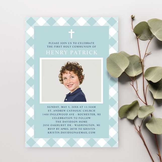 Aqua Gingham Plaid First Communion Boy Photo Invitation (Creator Uploaded)