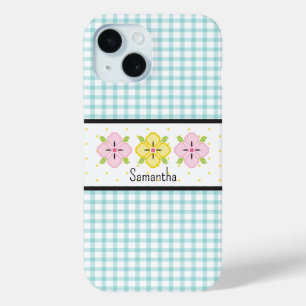 Aqua Gingham Plaid Floral Monogram iPhone 15 Case