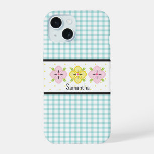 Aqua Gingham Plaid Floral Monogram iPhone 15 Case