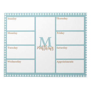 Aqua Gingham Plaid Weekly Planner Notepad