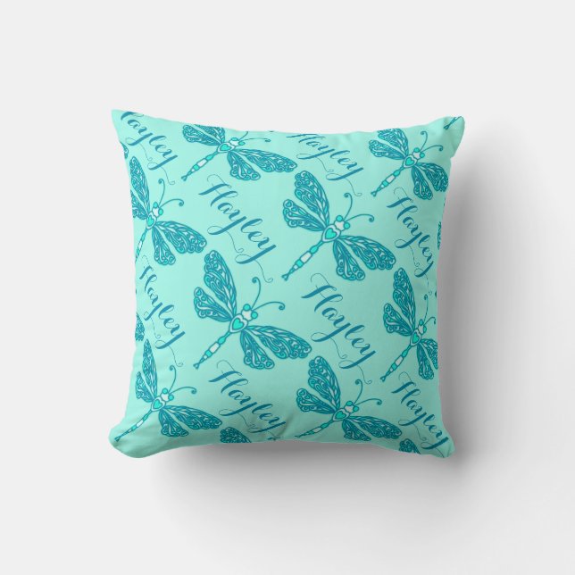 Aqua girls name dragonfly pattern cushion pillow (Front)