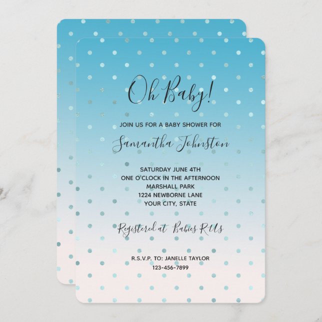 Aqua Glam Dots Ombre Baby Shower Invitation (Front/Back)