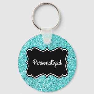 Aqua Glitter Black and White Personalised Frame Key Ring