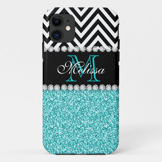 AQUA GLITTER BLACK CHEVRON MONOGRAMMED Case-Mate iPhone CASE (Back)