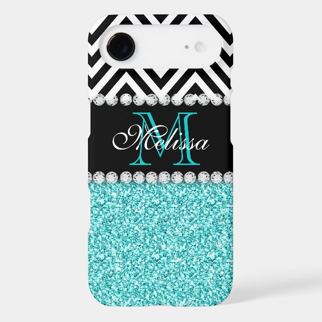 AQUA GLITTER BLACK CHEVRON MONOGRAMMED Case-Mate iPhone CASE (Back)