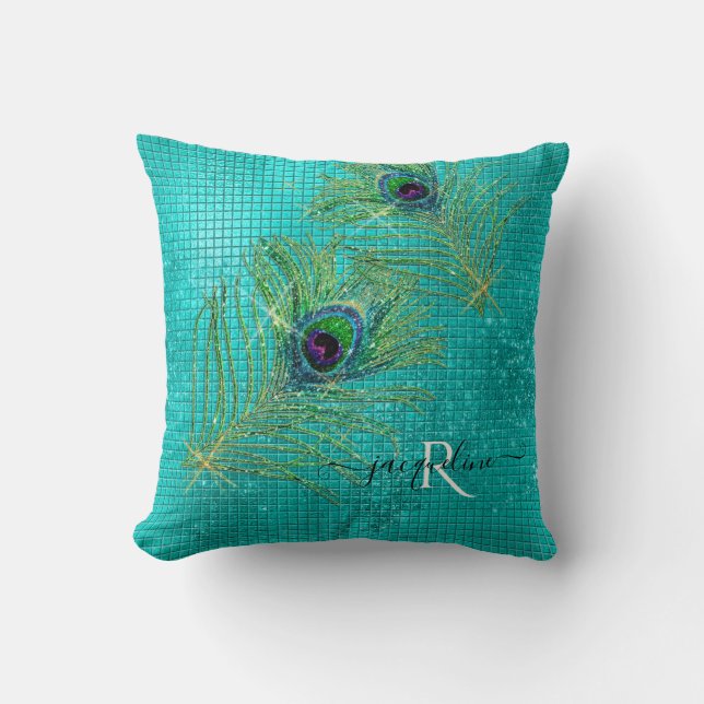 Aqua Glitter Girly Modern Sparkle Peacock Feathers Cushion (Front)