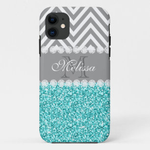 AQUA GLITTER, GRAY CHEVRON, MONOGRAMMED iPhone 11 CASE