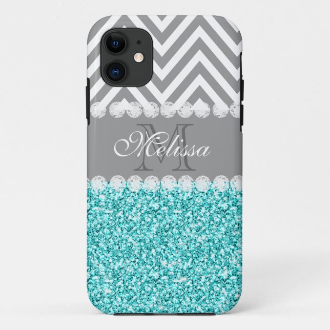 AQUA GLITTER, GRAY CHEVRON, MONOGRAMMED Case-Mate iPhone CASE (Back)