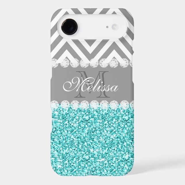 AQUA GLITTER, GRAY CHEVRON, MONOGRAMMED Case-Mate iPhone CASE (Back)
