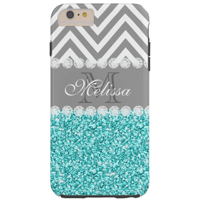AQUA GLITTER, GRAY CHEVRON, MONOGRAMMED Case-Mate iPhone CASE (Back)
