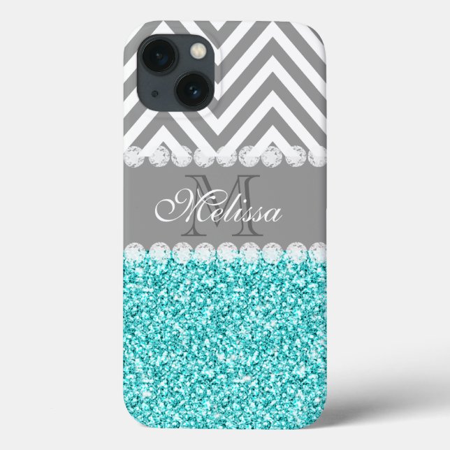 AQUA GLITTER, GRAY CHEVRON, MONOGRAMMED Case-Mate iPhone CASE (Back)