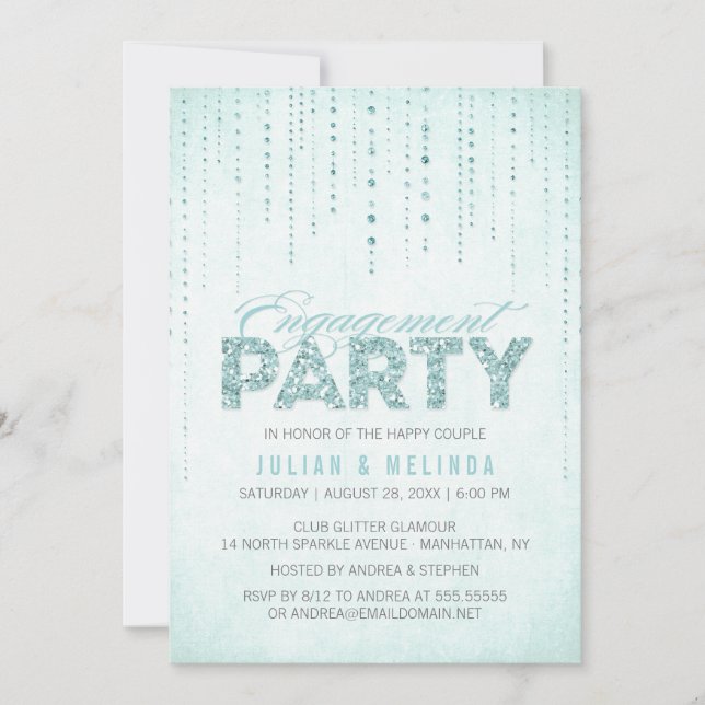 Aqua Glitter Look Engagement Party Invitation (Front)