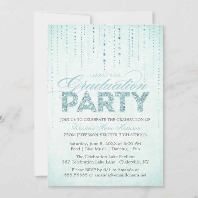 Aqua Glitter Look Graduation Party Invitation (Front)