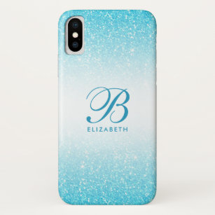 Aqua Glitter Monogram Elegant Simple White Ombre Case-Mate iPhone Case