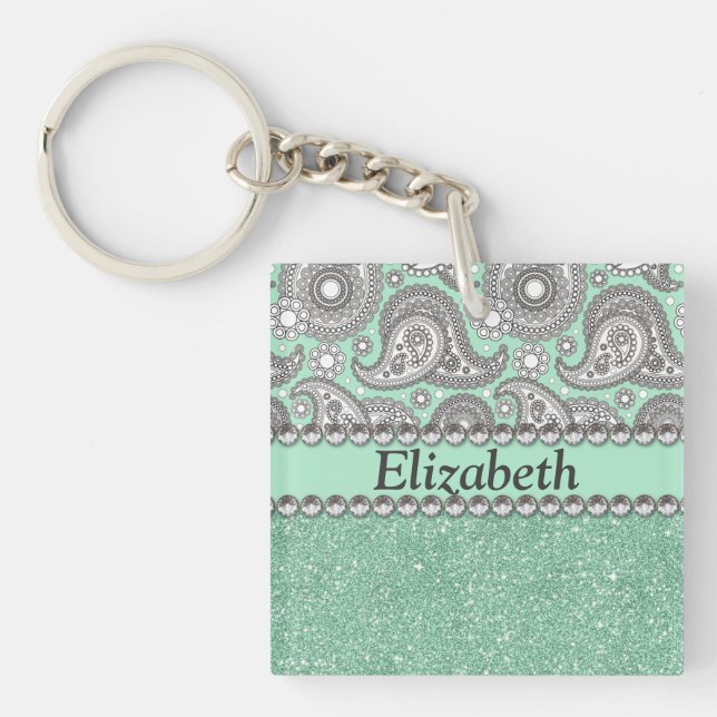 Aqua Glitter Paisley Rhinestone Print Pattern Key Ring (Front)