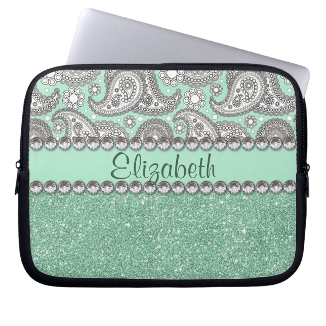 Aqua Glitter Paisley Rhinestone Print Pattern Laptop Sleeve (Front)