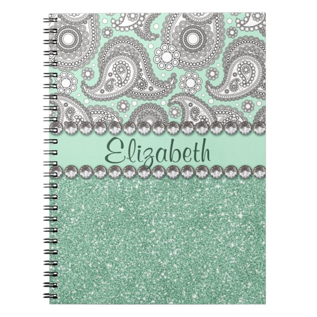 Aqua Glitter Paisley Rhinestone Print Pattern Notebook (Front)
