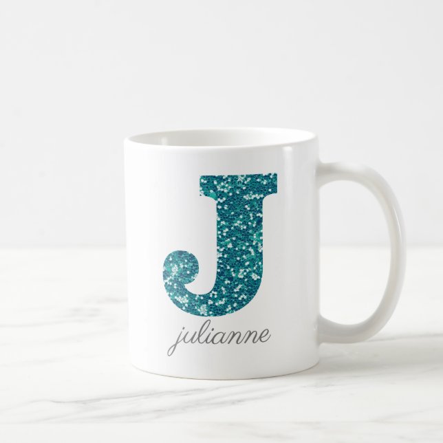 Aqua Glitter Pattern Letter J name Mug (Right)