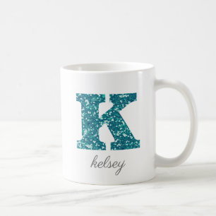 Aqua Glitter Pattern Letter K name Mug