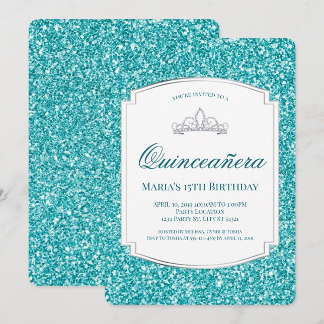 Aqua Glitter Quinceañera Invitations (Front/Back)