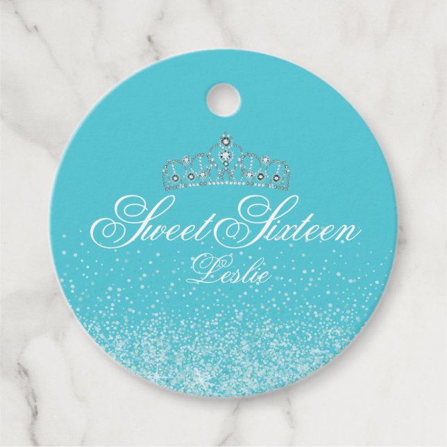 Aqua glitter, Sweet 16 Favour Tags (Front)