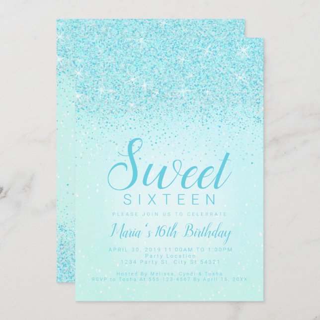 Aqua Glitter, Sweet 16 Invitations (Front/Back)