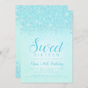 Aqua Glitter, Sweet 16 Invitations
