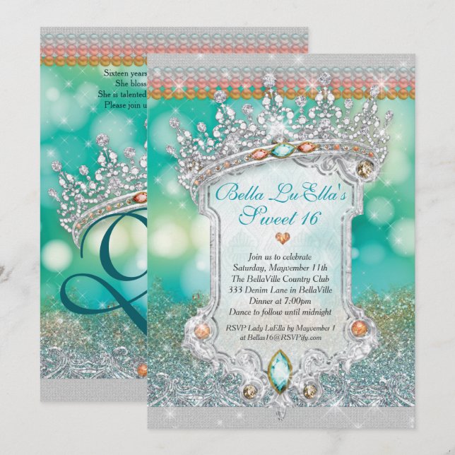 Aqua Glitter Tiara Sweet 16 Invitation  (Front/Back)