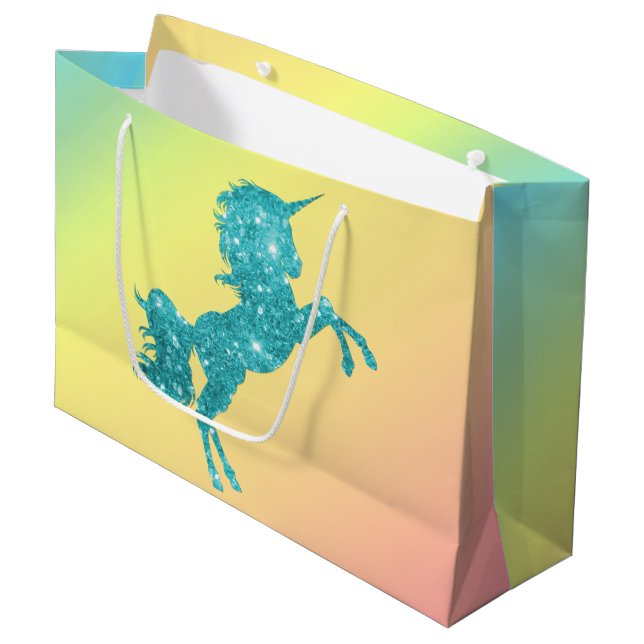 Aqua Glitter Unicorn Large Gift Bag (Front Angled)