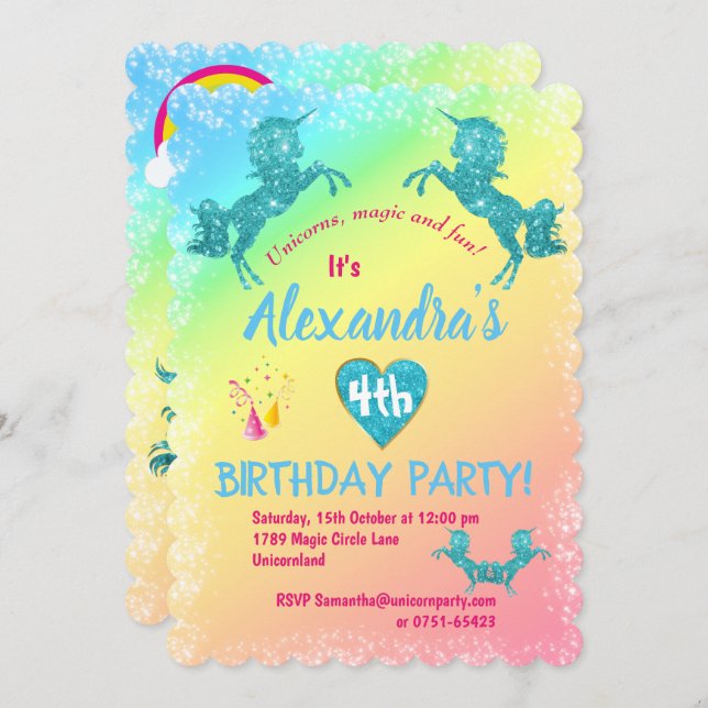 Aqua Glitter Unicorns Birthday Invitation (Front/Back)