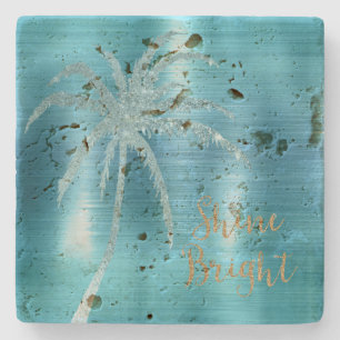 Aqua Glitz Glitter Tropical Palm Tree  Stone Coaster