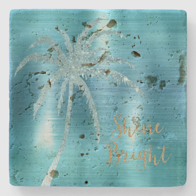 Aqua Glitz Glitter Tropical Palm Tree  Stone Coaster (Front)