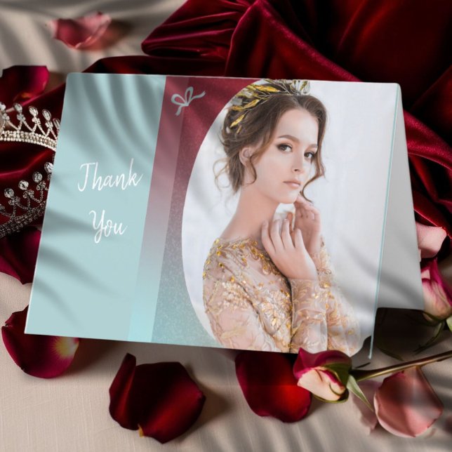  Aqua Glitz Ruby Ombre Thank You Card (﻿﻿Ruby and turquoise ombre colors highlight this pageant thank you card with custom photo and text)