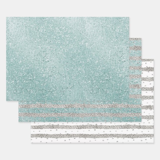 Aqua Glitzy Ombre Wrapping Paper Sheet (Set)