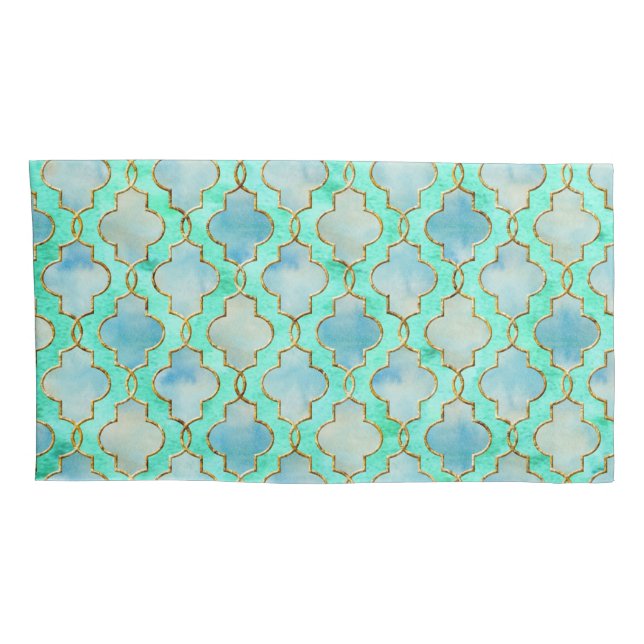 Aqua gold and Green Maroccan pattern Pillowcase (Back-Right)