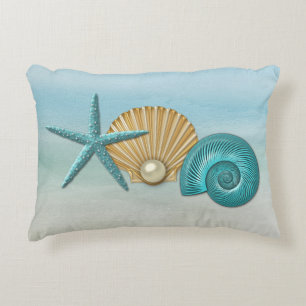 Aqua & Gold Assorted Seashells Beach Decorative Cushion