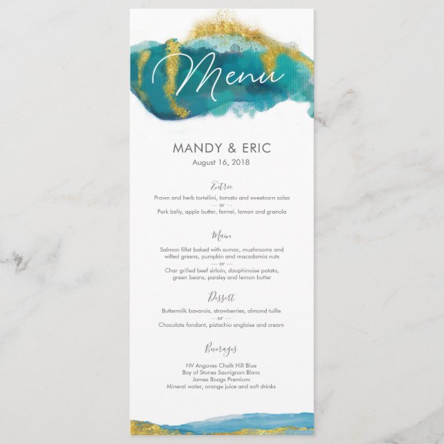 Aqua gold Beach Wedding Menu or Program Card (Front)