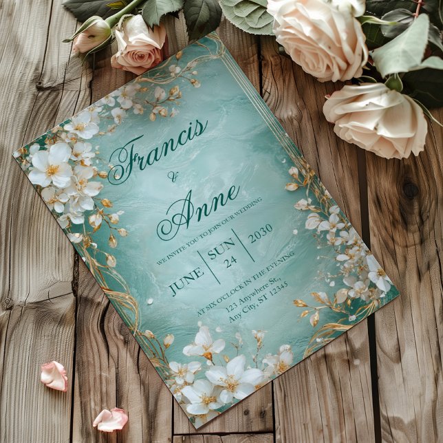 Aqua Gold Blossom Wedding Invitation (Creator Uploaded)