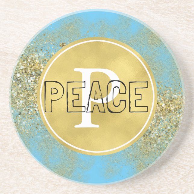 Aqua Gold Faux Glitter Peace Monogram Coaster (Front)