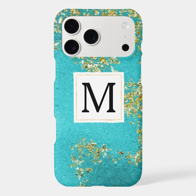 Aqua Gold Faux Sparkly Glitter Monogram (Back)